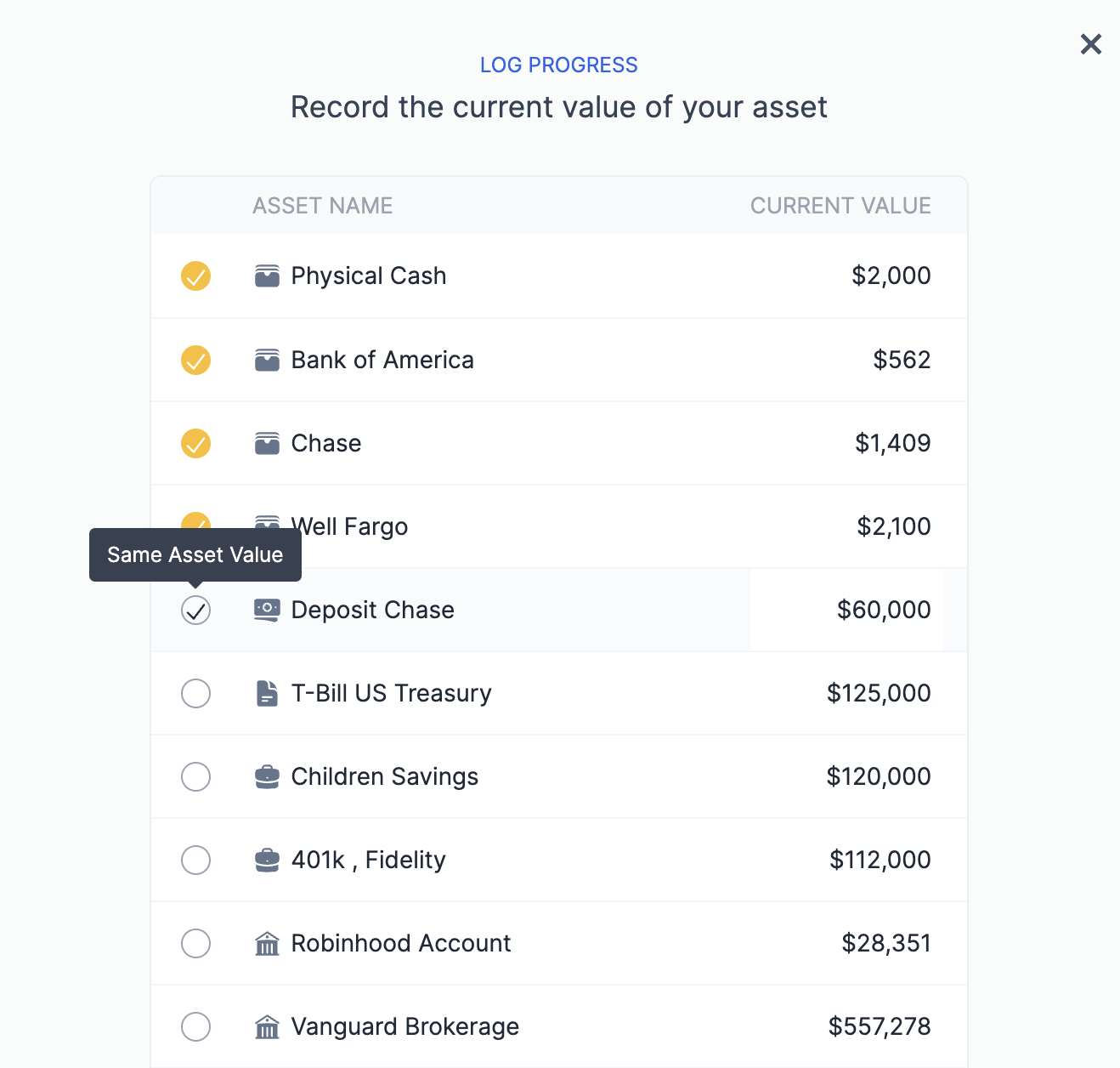 Log Progress - same asset value