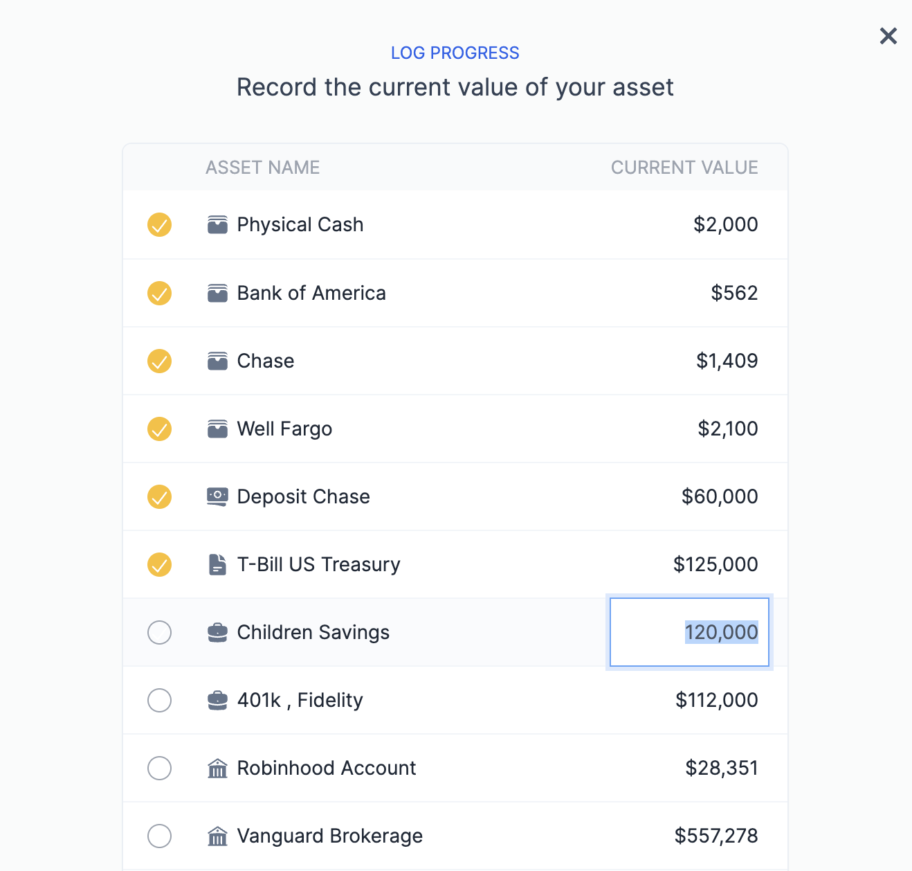 Log Progress - update asset value